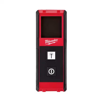 Telemetro Láser MILWAUKEE de 65 pies con pantalla LCD y cuerpo compacto rojo, ideal para medir con precisión en interiores.