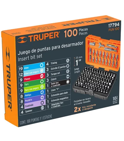 Set de puntas TRUPER 100 pzas con estuche