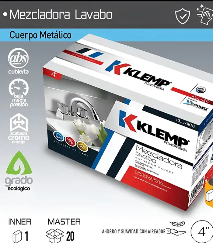 Mezcladora para lavabo 4″ KLEMP con acabado cromo