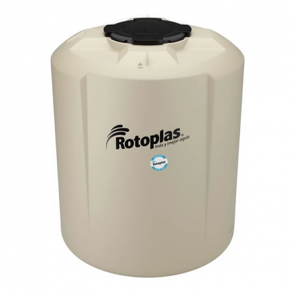 Tinaco beige Rotoplas de 2,500 litros con tecnología tricapa, tapa ergonómica y accesorios para instalación.