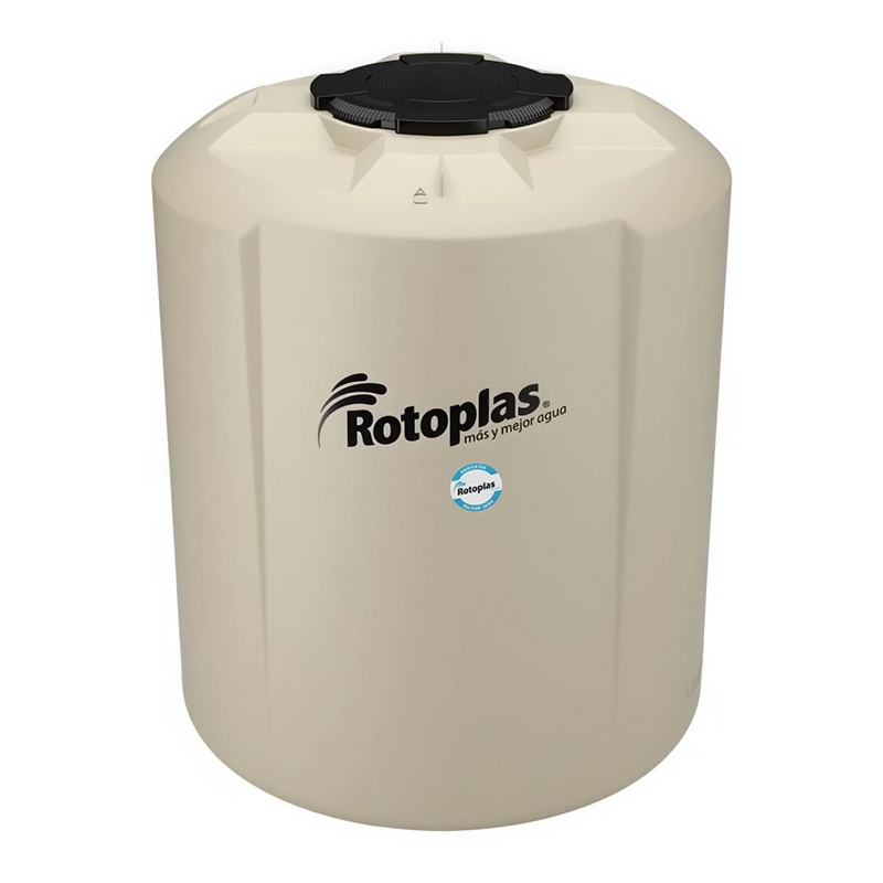 Tinaco beige Rotoplas de 2,500 litros con tecnología tricapa, tapa ergonómica y accesorios para instalación.