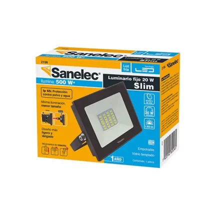 Reflector LED Sanelec 20W ultra delgado con protección IP65, luz fría y diseño ajustable para exteriores.